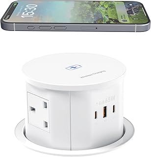 Pop up Socket with 15W Wireless Charger,65W USB C Charging Station,4 Way Outlets,4.7'' Hole Pop Up Outlet for Kitchen Worktops