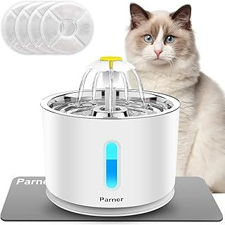 Parner Cat Water Fountain, 2.4 L Water Dispenser for Cats with LED Water Level Window, Pet Drinking Fountain Stainless Steel with 4 Pcs Filter & 1 Silicone Mat, Drinking Water Bowl for Multiple Pets