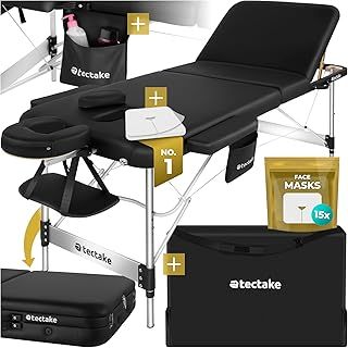 tectake® 3-Zone Massage Table with Sturdy Aluminium Frame, Foldable Massage Bed with Thick Foam Padding, Oil- & Water-Resistant Cover, Adjustable Spa & Beauty Bed, Incl. Carry Bag & Face Masks - Black
