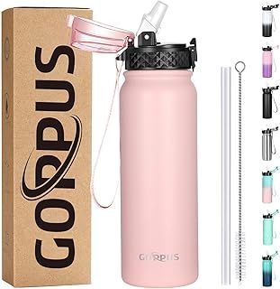 GOPPUS 600ml/20oz Stainless Water Bottle with Straw Double Wall Insulated Bottles with Strap Reusable Vacuum Thermal Flask Leakproof Keep Cold Drinks Bottles with Flip Top Lid for Men Women BPA Free