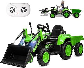 Kids Electric Tractor and Trailer, Ride on Tractor with Detachable Trailer, Remote Control, LED Lights, Music, Safety Belt, 12V Battery Powered with 6 Wheels Ride on Toy Car for 3+ Years Old