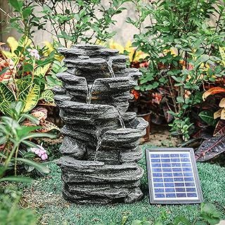 Water Feature Self Containing Feature Outdoor Fountain Rockery Decoration for Garden, Garden Pond, Terrace, Pond, Balcony Solar Powered Garden Ornament Fountain with LED Light