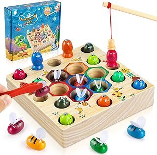 COOLJOY Wooden Fishing Game Toys Gifts for 2 3 4 Year Old Boy Girl | 2-in-1 Magnetic Wooden Toy | Montessori and Motor Skills Educational Suitable for Babies Birthday Gifts