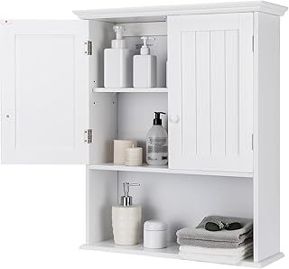 Bathroom Wall Cabinet, Wooden Wall Mounted Storage Cupboard with Adjustable Shelf & Double Door, Modern Wall Storage Unit for Entryway Kitchen Living Room (White)