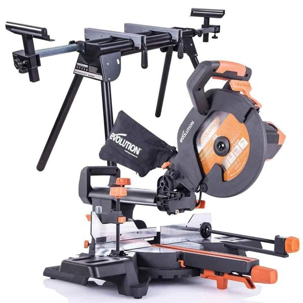 Evolution Power Tools R255SMS+ Mitre Saw, Saw, Multi-Material Cutting Blade, Chop Wood Metal Plastic, 45° Bevel, 50° Mitre Angle, 300mm Slide, 2000 W, 255 mm, Sliding Compound & Stand Bundle