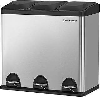 SONGMICS 54L Recycling Bin, Rubbish Bin, Steel Pedal Bin with 3 Sections, Inner Buckets, 6 Sorting Labels, for Easy Waste Separation, Silver and Black LTB54L