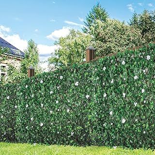 WDC ONLINE - eXtreme Artificial Leaf Trellis with White Flowers | 2m x 1m Expandable Privacy Screening Hedge for Gardens, Balcony, and Terraces | Realistic and UV-Stabilized Decorative Fencing Panel