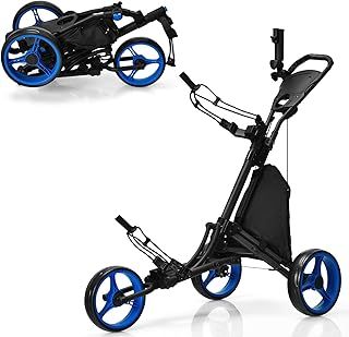 COSTWAY 3 Wheel Golf Push Pull Cart, Lightweight Foldable Golf Trolley with Adjustable Height Handle, Umbrella Stand, Insulation Storage Bag, Cup Holder and Foot Brake