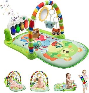 Baby Play Mat, Music & Light Baby Gym Piano Playmat 0-36 Month Thicken Baby Play Gym with Animal Rattles, Babies Activity Center for Newborn Infant Gifts Toys, Green Little Bear