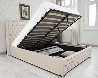 King Size Bed Frame, Upholstered Bed Wingback Headboard Tufted, Velvet Fabric, Ottoman Bed with Storage, Gas Lift Up Bed, Wooden Slats Space Saving 5ft Beige King Bed Frame, No Mattress