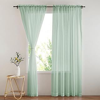 PONY DANCE Sage Green Voile Curtains 60x84 inches - Bedroom/Living Room Window Net Curtains Semi Transparent Voile Sheer Panels Slot Top Living Room Divider Party Backdrop Decoration, 2 Panels