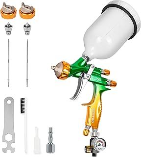 BEETRO HVLP Professional Gravity Feed Air Spray Gun, 280-320mm Wide Spray Pattern 1.3/1.4mm Nozzle with Air Control Valve, 600ml Capacity 14CFM 29psi, 1/4 Adaptor and Filter