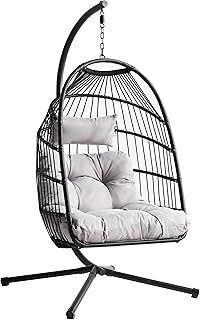 Blisswood Hanging Egg Chair with Cushion & Stand – Foldable Rattan Swing Chair for Indoor & Outdoor Use, Garden Patio Hammock Pod Seat, Adjustable Height, Supports Up to 160kg (Beige)