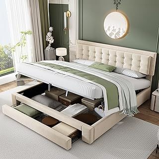 Upholstered King Size Bed 150 x 200cm, Ottoman Storage Bed with Hydraulic Lever and Drawer, Large Storage Space, Velvet Fabric Ottoman Lift Up 5FT King Size Bed Frame, No Mattress (Cream, 150 x 200cm)