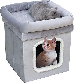 Cat Pet House Foldable Easy To Assemble Velvet Pet Kennel Bed Cosy Soft Warm Comfortable With Lid Size 38cm x 38cm x 40cm (Silver)