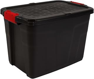 Heavy Duty Large Storage Box, 42L, Lockable, Indoor/Outdoor, Clip Lock, Black with Red Handles