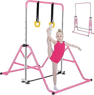 Gymnastics Bar for Kids, Junior Training Kip Horizontal Bar Gymnastics Equipment for Home, Adjustable Telescopic Height Folding Horizontal Bar with Gymnastic Rings for 3-12 Years Old Kids