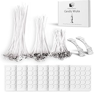 Candle Wicks 90 Pcs (10cm, 15cm, 20cm) with 2 Candle Wick Holders & 90 Glue Stickers, Long Lasting Pre-Waxed & Tabbed Cotton Threads with No Black Smoke for DIY Crafts
