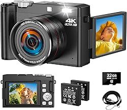 Digital Camera 4K 56MP Vlogging Cameras with 32GB Card & Macro Function, 16X Digital Zoom with 2.8'' 180° Flip Screen & 2 Batteries for Teens Beginners Adults