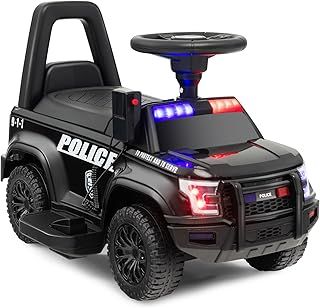GYMAX Kids Ride on Police Car, 6V Battery Powered Toy Car with Side Megaphone, Warning Light, USB/TF & Siren Sound, Children Electric Vehicle for Boys Girls (Black)