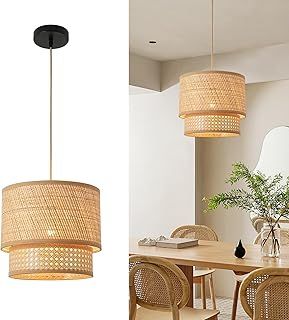 FORCOSO Rattan Pendant Light - Vintage Boho Hanging Lights Ø29cm Rattan Lampshade E27 Wicker Ceiling Light Pendant for Dining Room Living Room Bedroom Hallway Kitchen Island - Brown