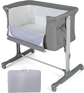 COSTWAY 3-in-1 Baby Bedside Crib, Easy Folding Cot Bed with Mattress, Breathable Mesh Window, Lockable Wheels and Travel Bag, Height Adjustable Newborn Sleeper for Birth to 9kg (Light Grey)