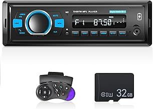 DAB Car Radio Single Din Car Stereo with Bluetooth 5.0/EQ Audio/BT Call/FM Radio/USB Charging/Button Light/TF SD Card Port/AUX-in, 1 Din Radio Player + SWC Remote Control + 32G TF Card