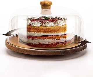 NWK Rotating Cake Stand with Acrylic Dome Lid 11 Inch Acacia Wooden Cake Display Stand Turntable with Clear 282(Ø) x 115(H) mm Cover for Birthday, Wedding, Party.