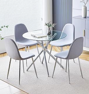 Hallowood Furniture Cullompton Small Glass Dining Table and Chairs Set 4, Round Dining Table (90cm) and Grey Fabric Chairs, Kitchen Table and Chairs, Dining Room Sets for Home and Cafe