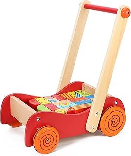 SOKA Wooden Baby Walkie Walkie Walker with 30 Wooden Building Blocks for Toddlers First Step Activity Walker Push & Pull Walking Wagon Gift for Kids Children Boys Ages 1 year old +