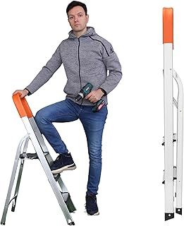 2 Step Ladder 32.2'' (82cm) High | Durable Steel Step Ladder, White Portable Folding Ladder - Small, Compact and Functional