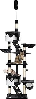 PawHut Floor to Ceiling Cat Tree, 240-260cm Adjustable Height Cat Tower with Scratching Posts, Cat Houses, Ramps, Hammocks, Toy Balls, Tunnel for Indoor Cats - Black