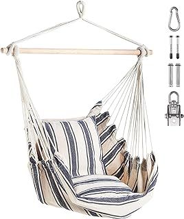VonHaus Hanging Chair Outdoor with Attachments – Blue & White Stripe Garden Swing Seat & Hammock Chair, 1 Seater Rope Neutral Boho Style Portable Garden Seat for Garden, Patio, Terrace & Decking