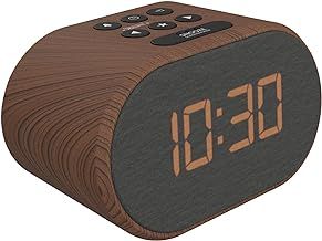 i-box Alarm Clocks Bedside, Radio Alarm Clock, Mains Powered or Battery, FM Radio, USB Charging Port, 5 Step Dimmable Display, Non Ticking, LED Display (Wood)