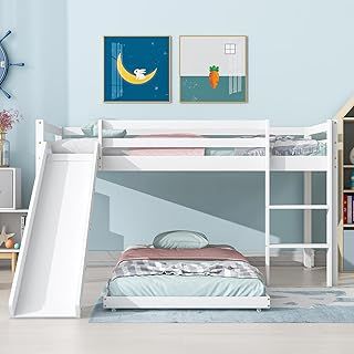 Merax Bunk Bed, Children's Cabin Bed with Adjustable Lower Bed, Bunk Beds for Kids with Adjustable Ladder and Slide, Mid Sleeper Beds for Kids, Wood Loft Bed, No Mattresses (White, 190x90cm+200x90cm)