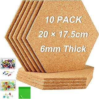 PLULON 10 Pack Cork Boards for Walls Hexagon Cork Tiles 20 x 17.5cm, 6mm Self Adhesive Bulletin Board with 100 Push Pins 50 Pcs Sticky Notes for Home School Office
