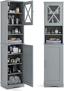 COSTWAY Bathroom Tall Cabinet, Freestanding Storage Cupboard with 5 Adjustable Shelves and 2 Doors, Wooden Tall Narrow Slim Bathroom Unit Floor Cabinet for Living Room Hallway, 40x30x170cm (Black)