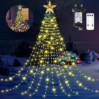Christmas Lights with Star Topper, 410 LED 6.56FT x 16 Lines - Waterfall Tree Lights with 8 Modes Timer Remote, Warm