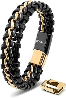SERASAR | Premium Genuine Leather Bracelet [Steel] for Men in Black | Magnetic Stainless Steel Clasp in Black, Silver and Gold | Inclusive Jewellery Box | Great Gift Idea