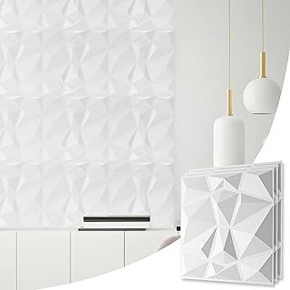 Decorative PVC 3D Wall Panels - Diamond Design 6 Sheets Set Covering 1.5 sqm (16.15 sqft) - Each Tile Size 50x50 cm (19.6x19.6 in) Textured Paneling 3D Effect Decor Cladding Panel in White