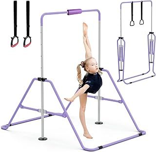 Gymnastics Bars with Bar Pad, Junior Training Kip Bar Gymnastics Equipment for Home Garden, Adjustable Height Gymnastic Folding Horizontal Bar with Gymnastic Rings for Kid Boys Girls