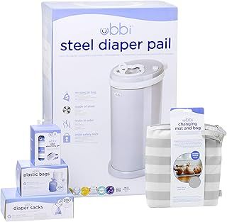 Ubbi Nappy Changing Value Set, Odour Locking Modern Design - Set Includes Grey Diaper Pail, Nappy Sacks, Odour Absorbing Gel, Travel Changing Mat and Nappy Bin Waste Bags
