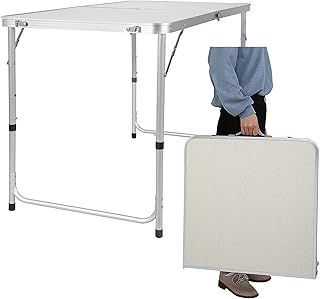 120cm Folding Picnic Table, Aluminum Alloy Camping Table that Fold Up, Portable Fold Away Garden Beach Barbecue BBQ Table, Lightweight 3 Gear Adjustable Height Outdoor Dinning Table with Carry Handle