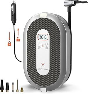 Giraffe Tools Retractable Car Tyre Inflator 12V DC with Cable, 150PSI Portable Air Compressor with Pressure Gauge and Adapters for Cars, Motorcycles, Bikes and Balls