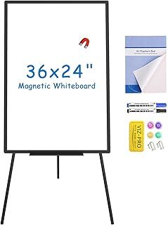 VIZ-PRO Magnetic Whiteboard Easel Black, 90 x 60 cm, Portable Dry Erase Board Height Adjustable for School Office and Home