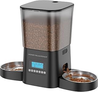 HoneyGuaridan Automatic Cat Feeders for 2 Cats, 3.5L Cat Food Dispenser with Double Bowls,Two Way Splitter Timed Cat Feeder for Dry Food, Programmable 1-6 Meals Control, Dual Power Supply, 10s Call