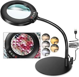 Veemagni 10X Magnifying Glass with Light and Stand, 5 Color Modes Stepless Dimmable LED Lighted Desk Lamp, Hands Free Flexible Gooseneck Magnifier with Light for Craft Hobby Painting Sewing Close Work