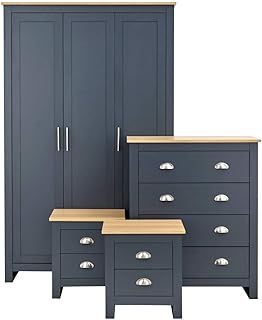 GFW Lancaster 4 Piece Bedroom Furniture Set, Slate Blue and Oak Effect Wardrobe, Chest of Drawers and 2 Bedside Tables, Country Cottage Bedroom Furniture Package
