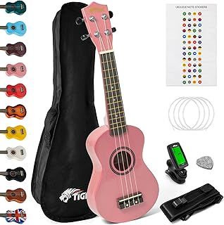 Tiger UKEKIT-PK Soprano Ukulele Kit – Suitable for Beginners and Children – Chromatic Tuner, Strap, Carry Bag, Notes Sticker, Felt Pick, Spare Strings, with Aquila Strings Fitted - Pink