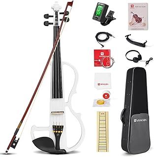 Vangoa Full Size 4/4 Electric Violin Solid Wood Electronic Silent Violin Fiddle Set with Carrying Hard Case, Shoulder Rest, Extra Strings, Audio Cable, Rosin, Bow, White